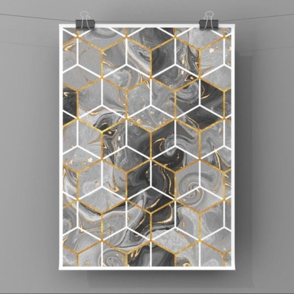 Black grey abstract art cubes pattern art print